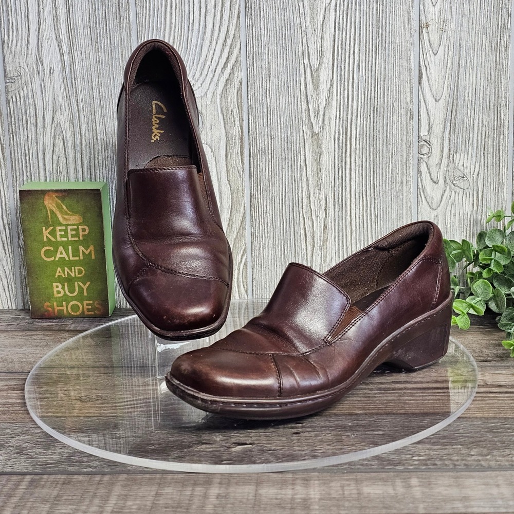 Clarks Brown Leather Slip On Loafers Wedge Heel Comfort Women's‎ 7.5M